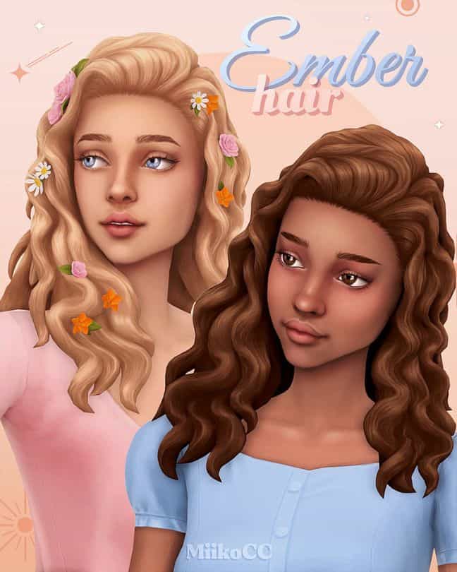 female sims with curly hair, one with flowers in it