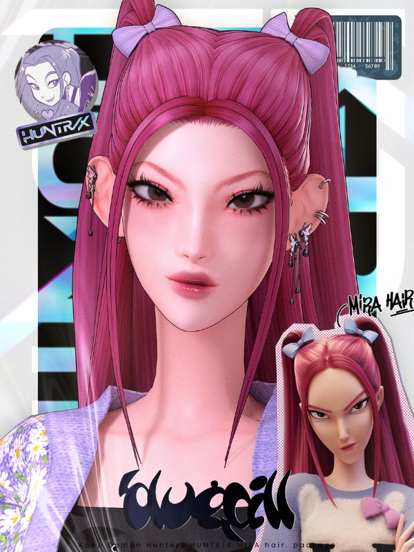 female sim with deep pink hair in half updo pigtails and bows
