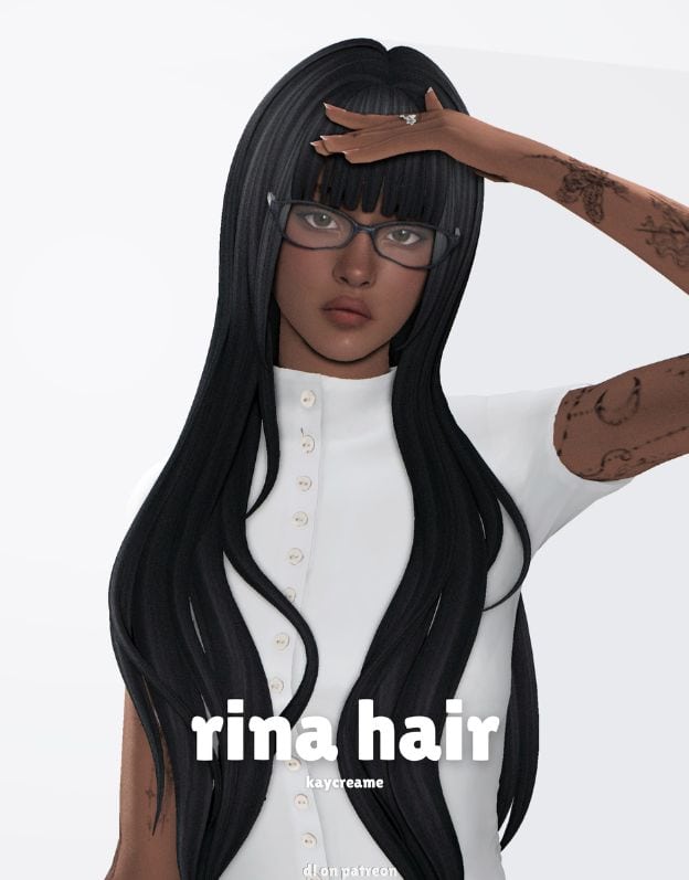 female sim with long smooth hair and blunt bangs