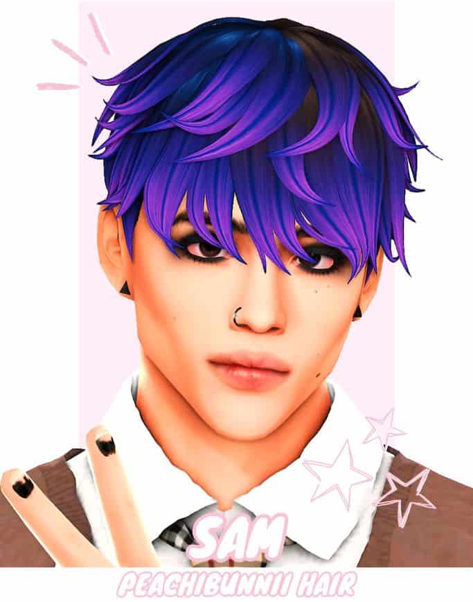 male sim with a violet indigo choppy, layered haircut