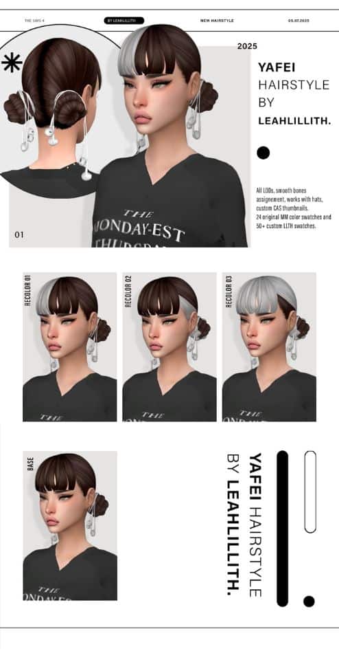 female sim with two low buns and shown with different recolor options