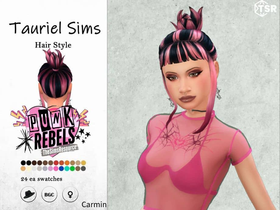 female sim with a black and pink short ponytail