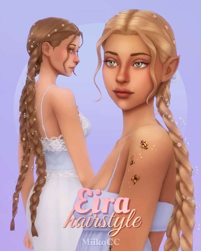 female sims with extra long braids adorned with flowers
