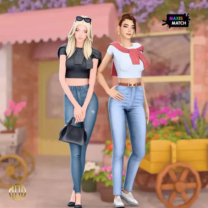 two female sims dressed in jeans, and crop tops