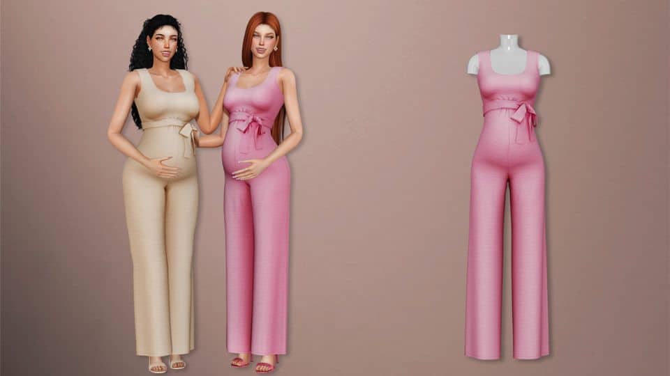 two pregnant sims wearing jumpsuits