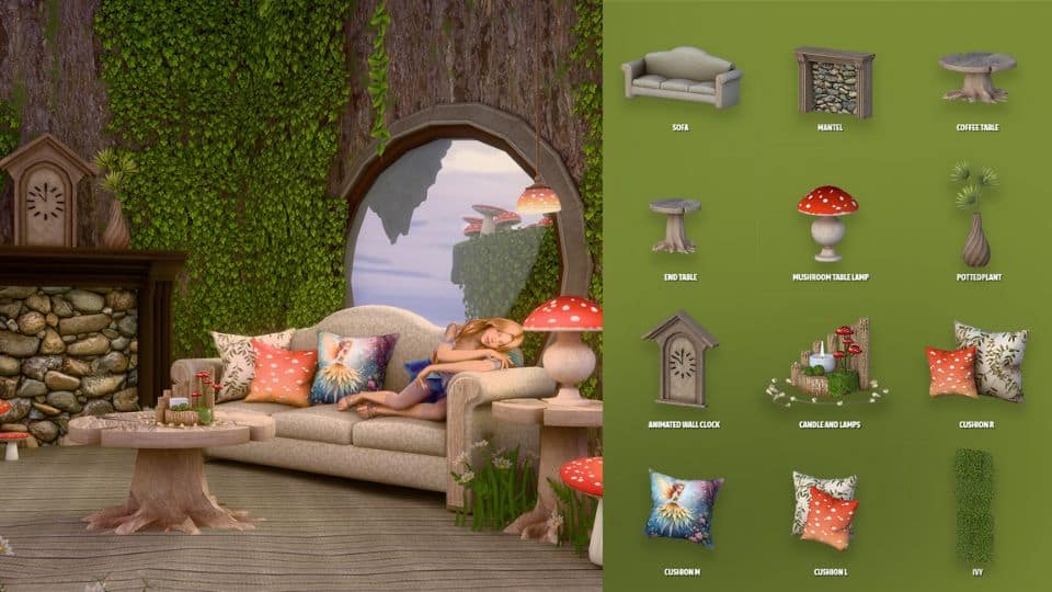 a fairy-themed living room with cc items on the side