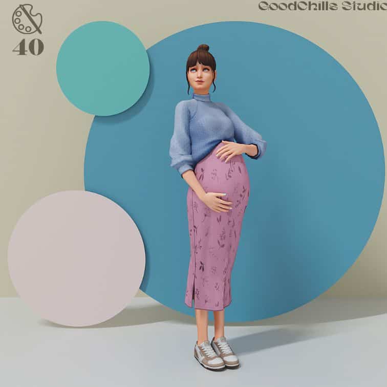 pregnant sim wearing a skirt and turtleneck top
