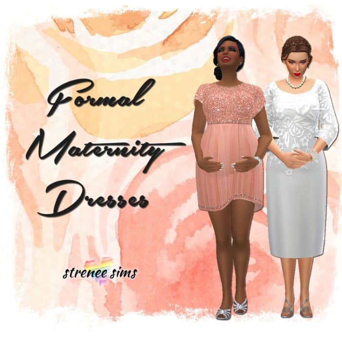two pregnant sims wearing formal maternity dresses