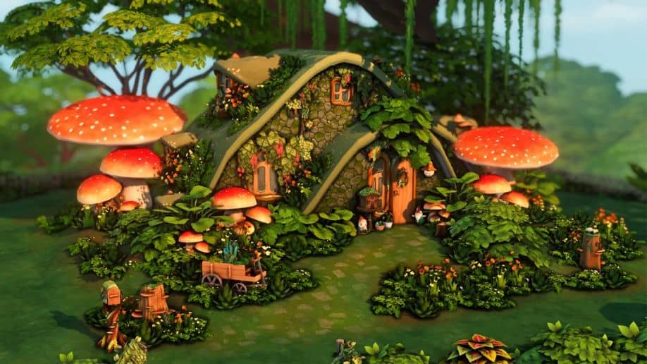 a micro, whimsical fairy home surrounded by large mushrooms