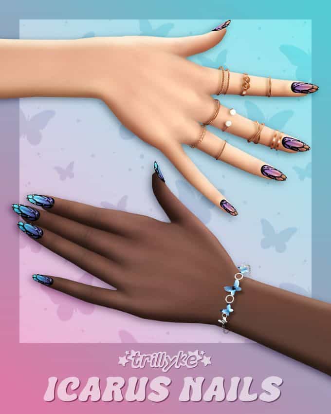 close up of Sims hands with butterfly-wing nail designs