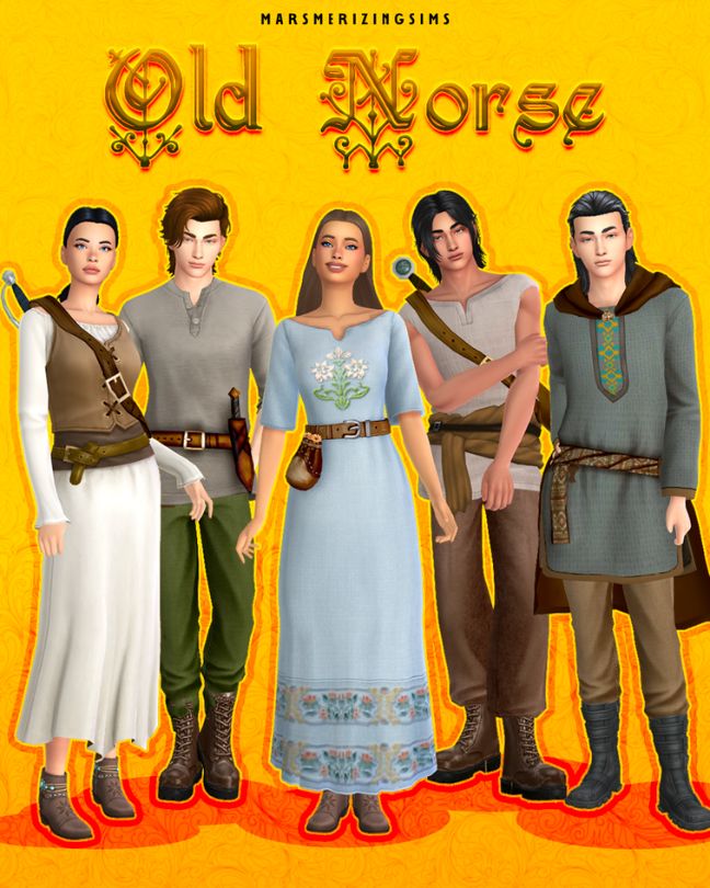 Sims dressed in Norse-themed clothing