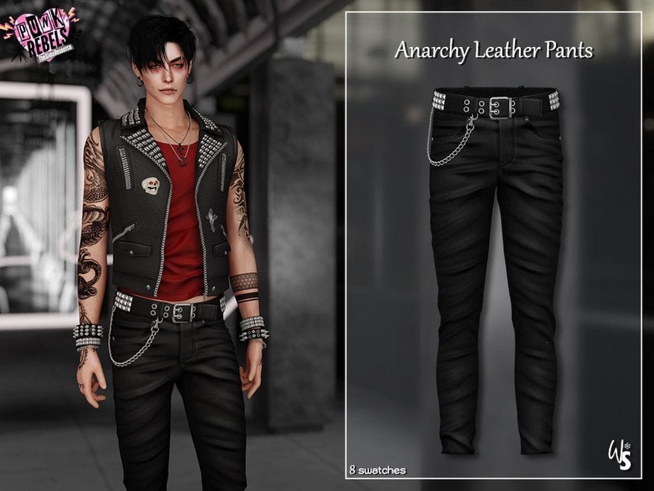 male sim wearing leather pants with a large belt and chain