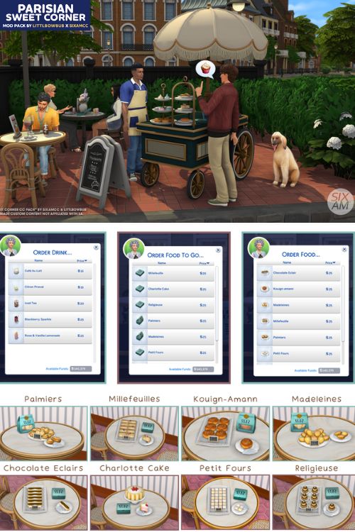 sims sitting at a Parisian café with food options below