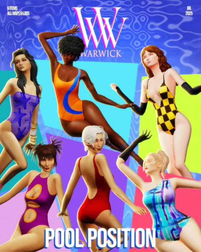 six female sims dressed in various swimsuit styles