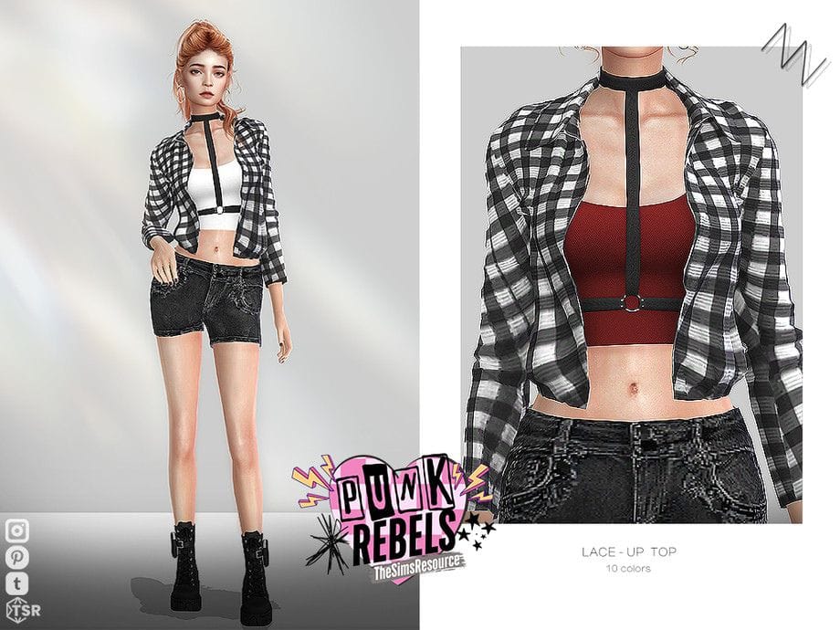 female sim wearing top, chest strap and long sleeve jacket