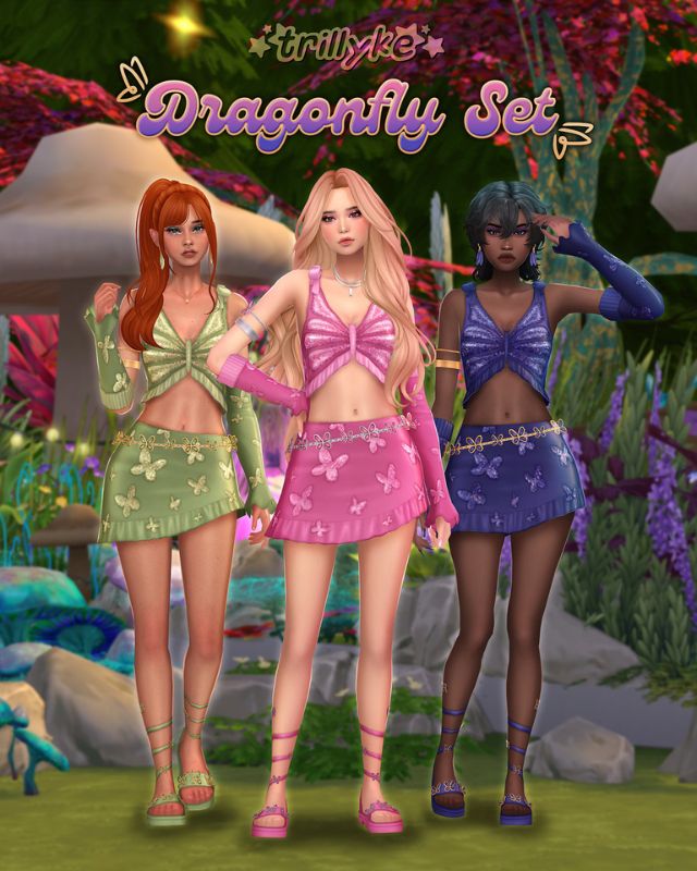 female sims dressed in butterfly-themed tops and skirts