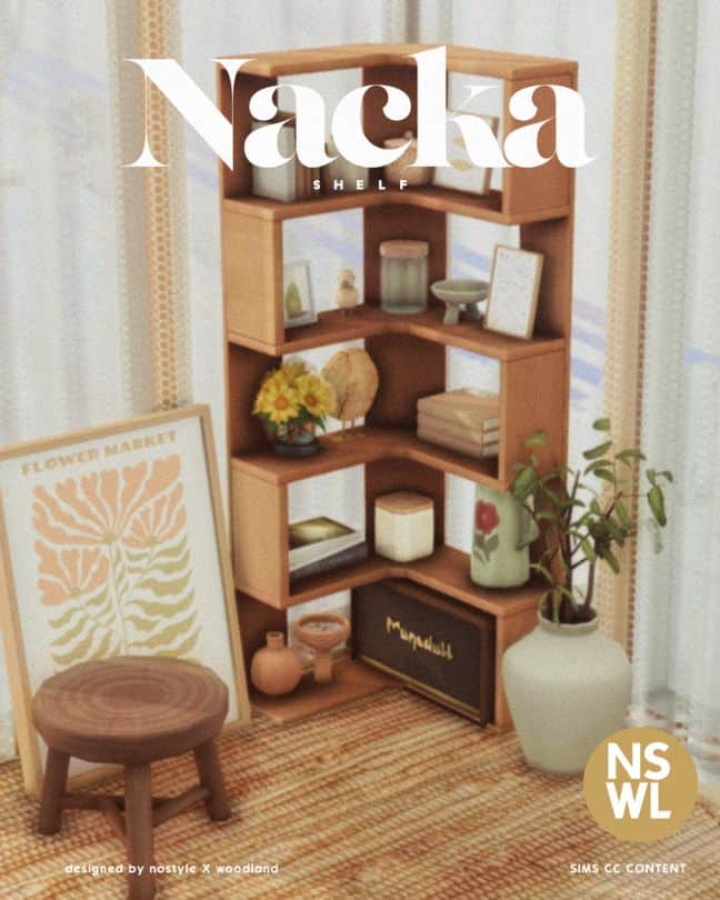 a wooden corner shelf filled with decor pieces