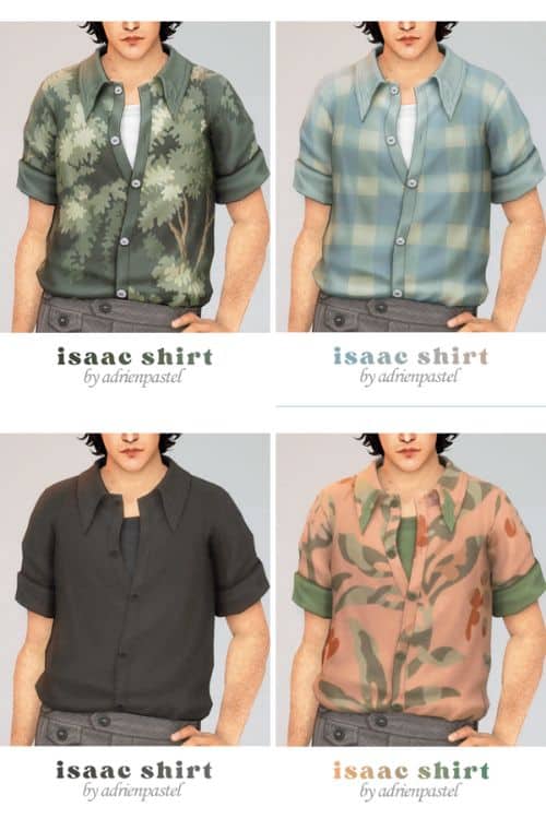 collage of male sims wearing a shirt in four different swatches
