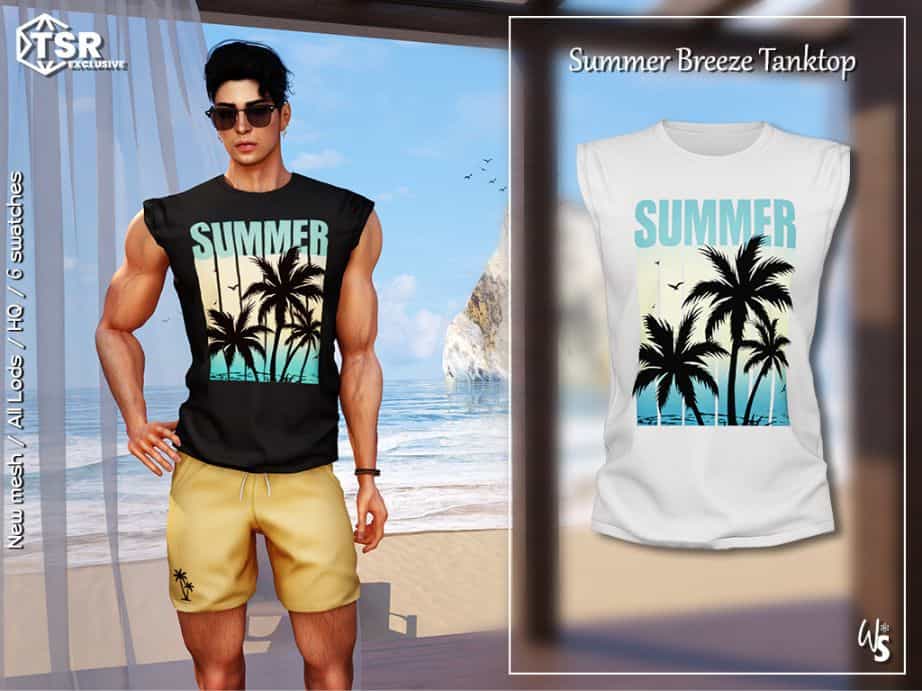 male sim wearing a summer tank top and shorts