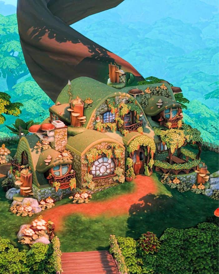 a whimsical fairy cottage set on a tree lot