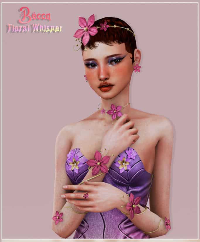 female sim with floral accessories for the head, neck and arms