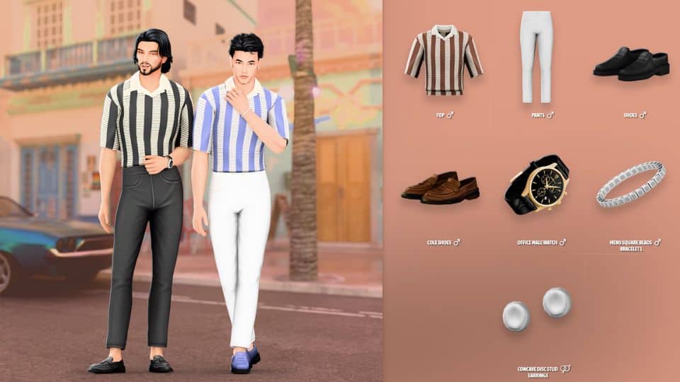 two male sims wearing striped tops and fitted pants