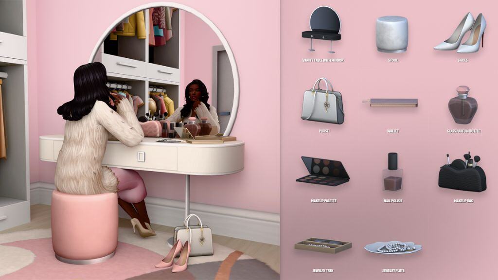 female sitting at their vanity and collage of mixed piece for it