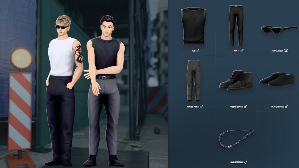 male sims wearing sleeveless fitted tops and fitted pants