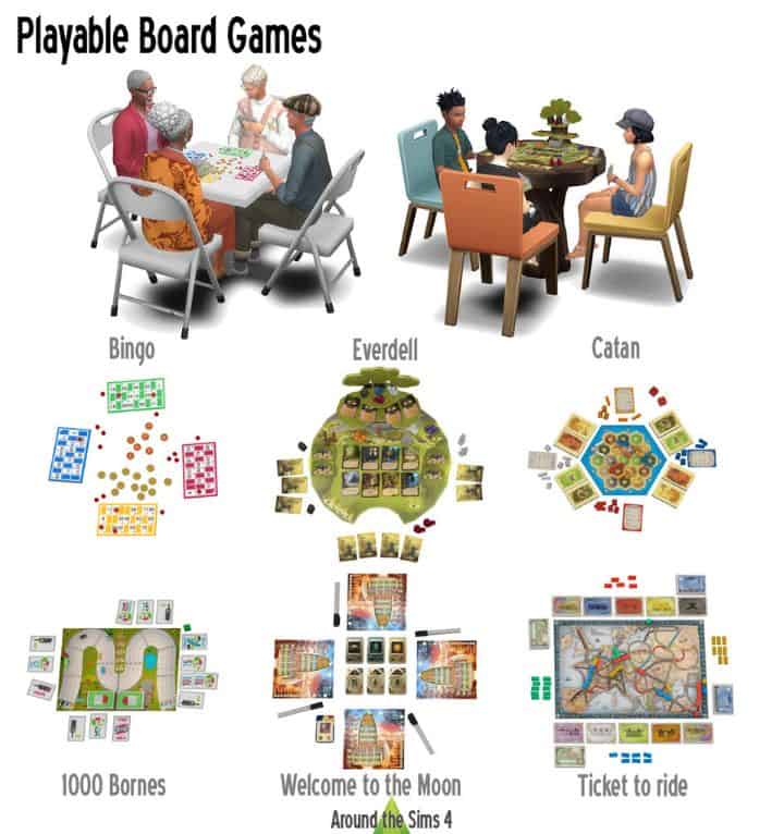 sims sitting and playing different board games