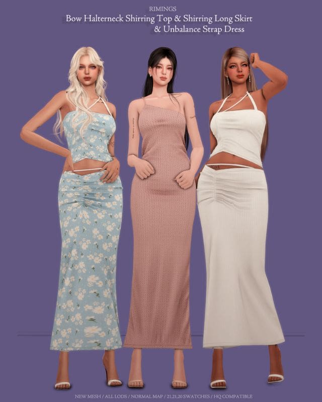 female sims wearing two-piece sets and a long dress