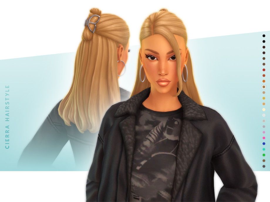 blond female sim with medium-length hair half up in a clip