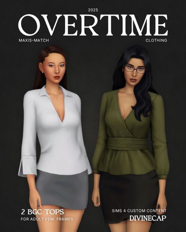 two female sims wearing different styles of chic tops