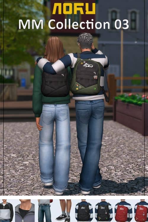 sims dressed in jeans and with backpacks