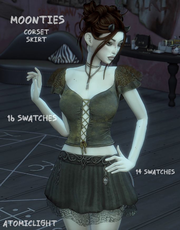 female sim wearing a corset and mini skirt