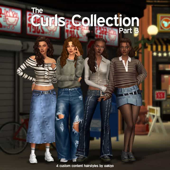 four female sims with different curly hairstyles
