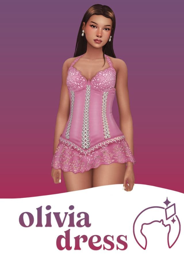 female sim wearing a pink halter mini dress
