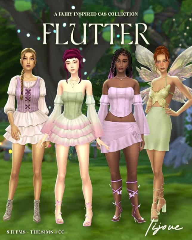four female sims dressed in mixed outfits