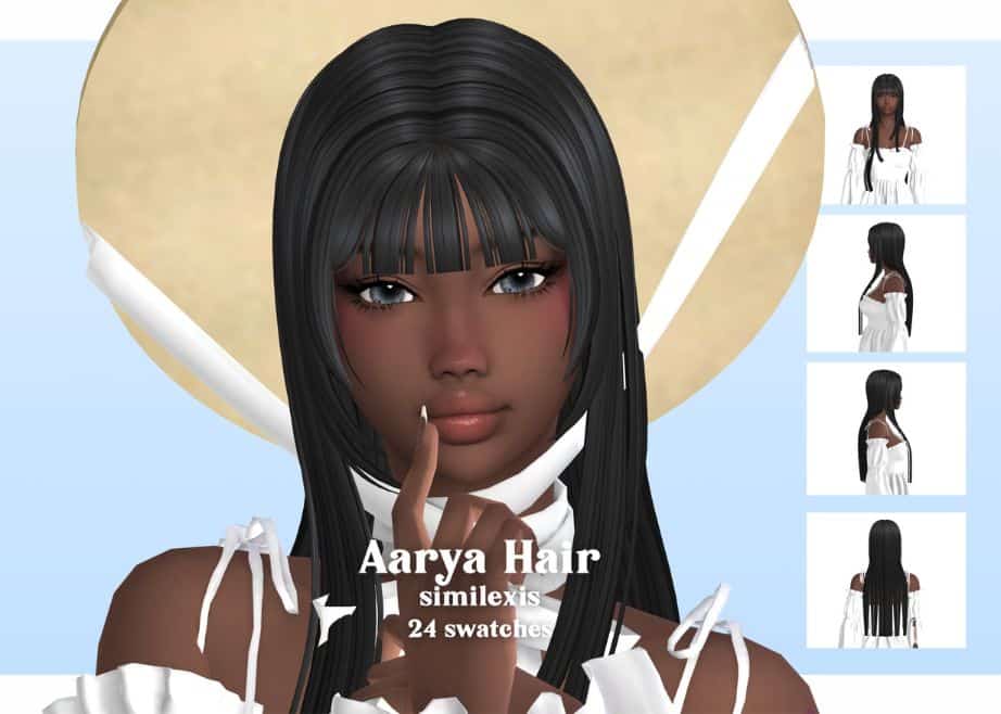 black female sim with long straight hair and bangs