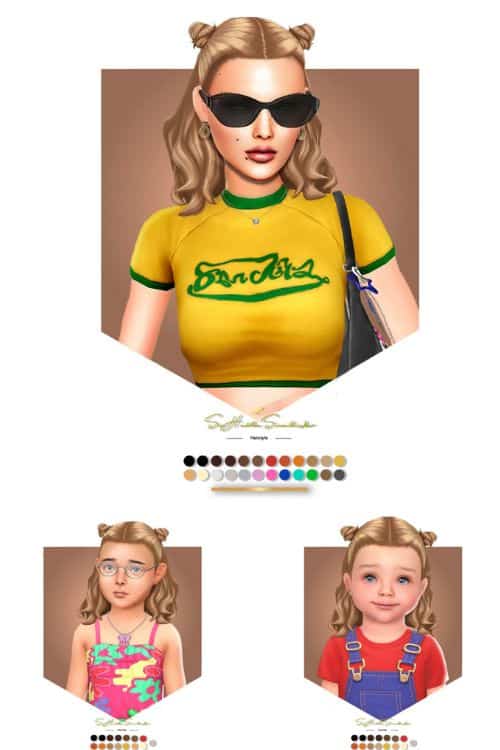 female sims of different ages with the same half up space buns hairstyles