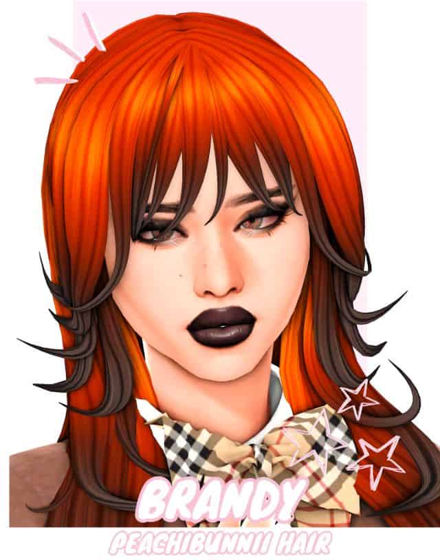 female sim with deep orange hair and dark roots