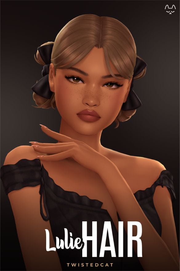 female sim with a chic hairstyle with low double pigtail buns with ribbons