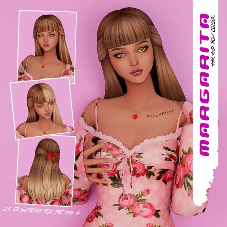 female sim with straight hair and blunt bangs