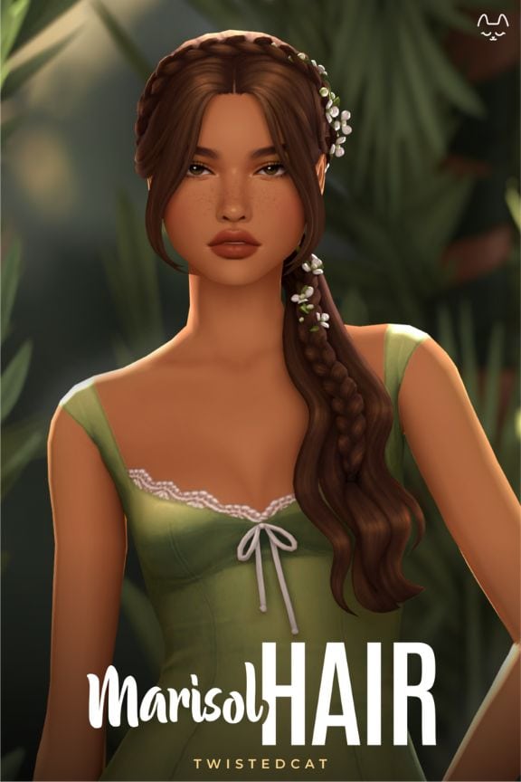 female sim with a long ponytail with a braid and flower details