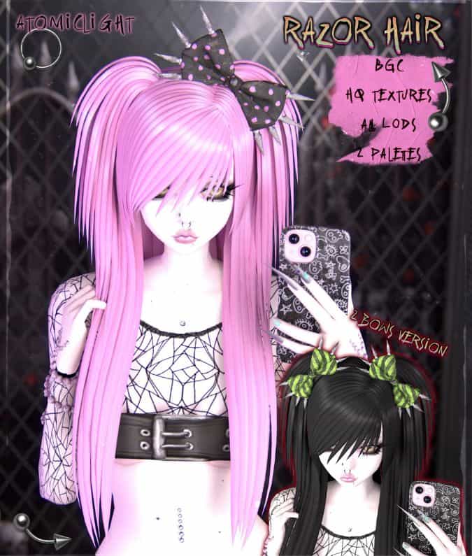 female sims with long straight hair and pigtails and a bow accessory