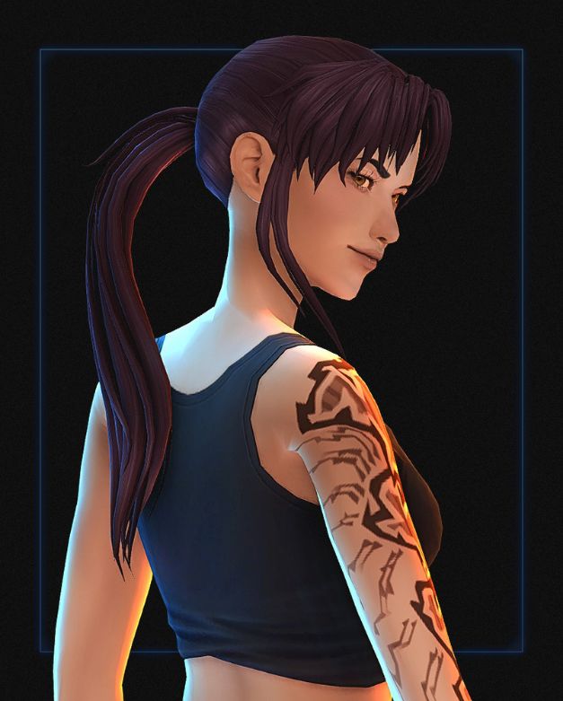 female sim with bangs and a ponytail