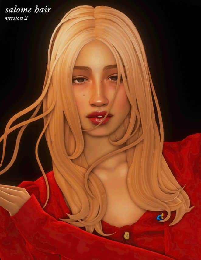 female sim with blond hair and flowing strands