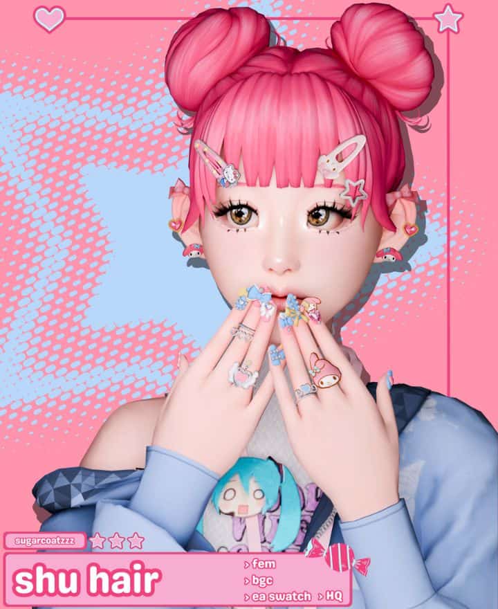 female sim with large pink space buns