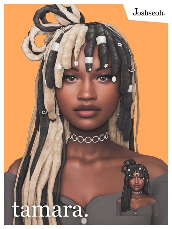 black female sim with two colors of dreadlocks and accessory details