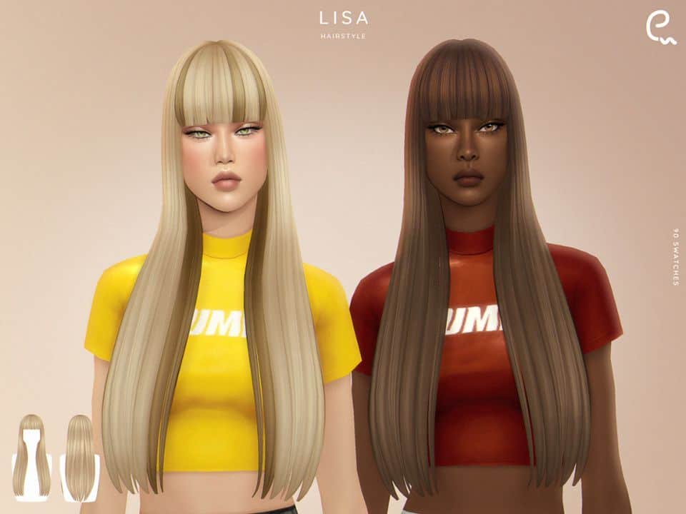 two female sims with long straight hair with blunt bangs