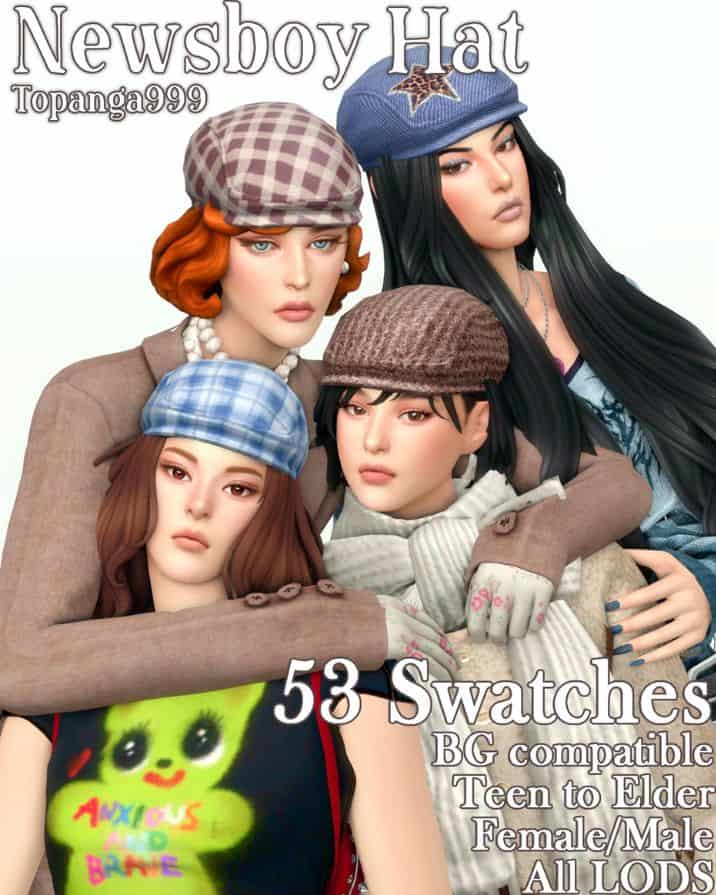 four sims wearing different color newsboy hats